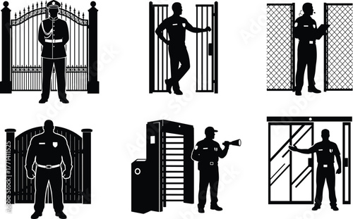 Security guard silhouettes, gate protection, entry control, access checkpoint, safety personnel, turnstile, chain-link, sliding door, iron gate, security infrastructure