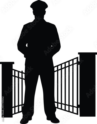 Security guard silhouette, open gate, access control, metal bars, protective stance, entry checkpoint, secure area, gatekeeper, safety, authority, uniformed personnel, vertical bars, restricted zone, 