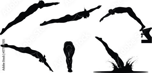Diving sequence, silhouette diver, sports motion, athletic form, water entry, jump technique, platform dive, splash impact, streamlined posture, precision, control, competitive dive, black figure, 