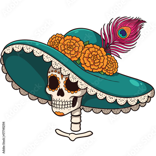 La Catrina Skeleton Portrait Illustration. Mexican Day of the Dead Vector Art with Hat and Feather.