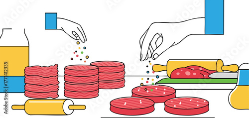 Flat illustration of hands seasoning raw hamburger patties and ground meat with colorful sprinkles against a white background