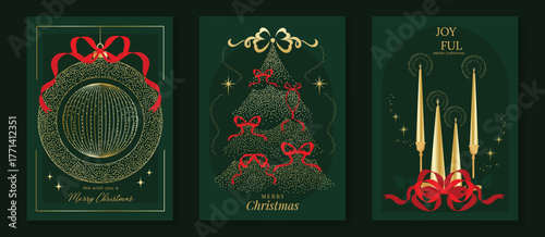Elegant Christmas greeting card vector pack with tree, baubles, golden candles and festive design, great for luxury greeting cards, holiday posters and gift tags