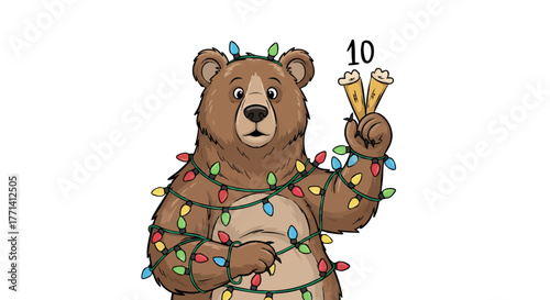 Cartoon bear tangled in Christmas lights holds up ten fingers, displaying the number ten.