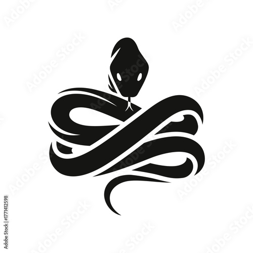 A stylized black snake coiled in a defensive posture, depicted as a modern minimalist serpent icon or tattoo design
