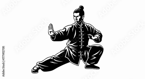 Kung Fu Master Training Pose. Traditional Chinese Martial Arts Stance with Focus and Control. Strength, Discipline, and Balance Concept. Vector Digital Illustration