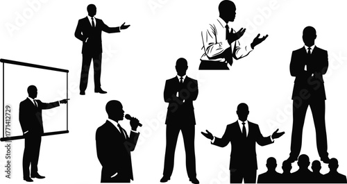 Businessman silhouette, leadership concept, public speaking, teamwork, presentation skills, corporate success, motivational speaker, authority figure, business strategy, communication skills