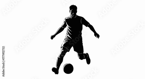 Soccer Player Kicking the Ball. Dynamic Football Motion Silhouette with Energy. Sports Competition and Athletic Power Concept. Vector Digital Illustration