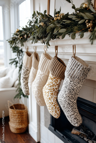 Close Up, Holiday decorated fireplace with stockings and garlands