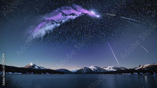 Night Wilderness: Snow-capped Mountains, Star-filled Sky and Quiet Lake