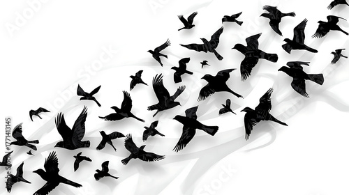 A Flock of Silhouette Birds Taking Flight in the Bright Sky