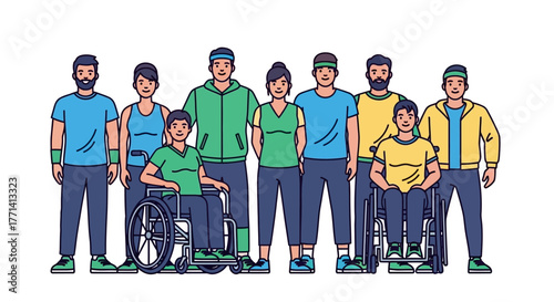 Illustration of a diverse sports team with disabled athletes in wheelchairs showing unity and inclusion