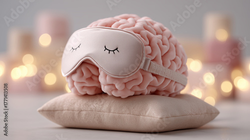 brain wearing silk sleep mask reclining on tiny pastel pillow in soft glowing scene, gentle blankets, concept rest and sleep for emotional health