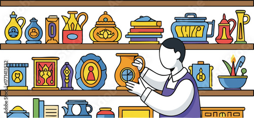 Person examines a shelf of colorful ceramic pottery and decorative items in a shop display