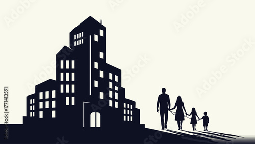 Silhouette of a family walking away from a building