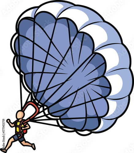 Person skydiving with blue and white parachute active lifestyle extreme sports adventure