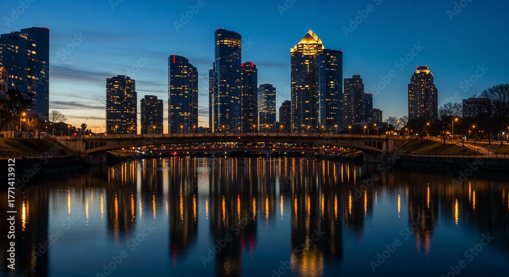 Obraz premium Glowing city skyline reflected on river at dusk with cinematic tones. 