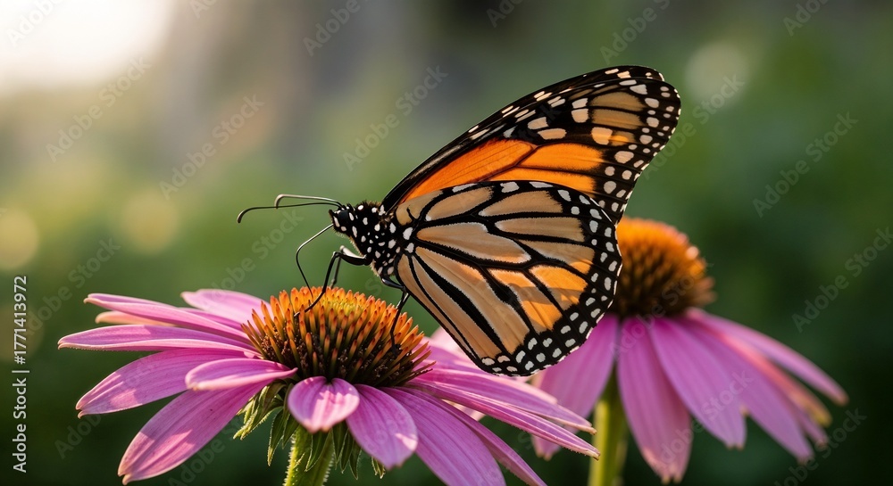 Fototapeta premium Monarch butterfly rests on a vibrant pink coneflower in soft sunlight