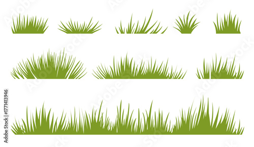 Set of flat green grass silhouette isolated on white background. Vector illustration. 