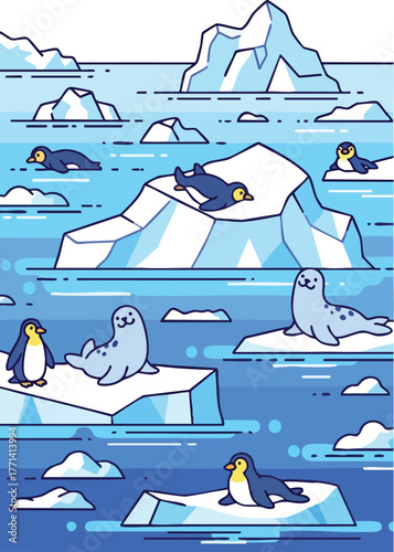 Pixel Art Antarctic Scene with Penguins and Seals on Ice Floes Under Blue Sky