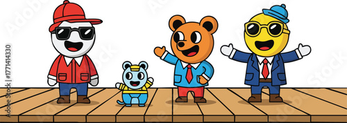 Pixel Art Characters Diverse Group Wears Casual and Business Attire Standing on Wooden Stage