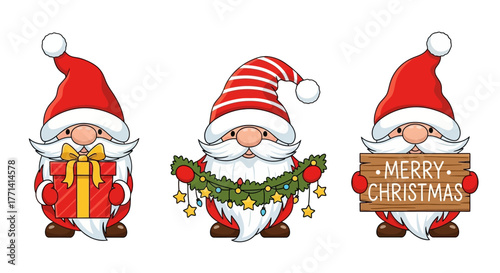Festive Santa Gnomes A Trio of Holiday Joy with Gifts and Greetings