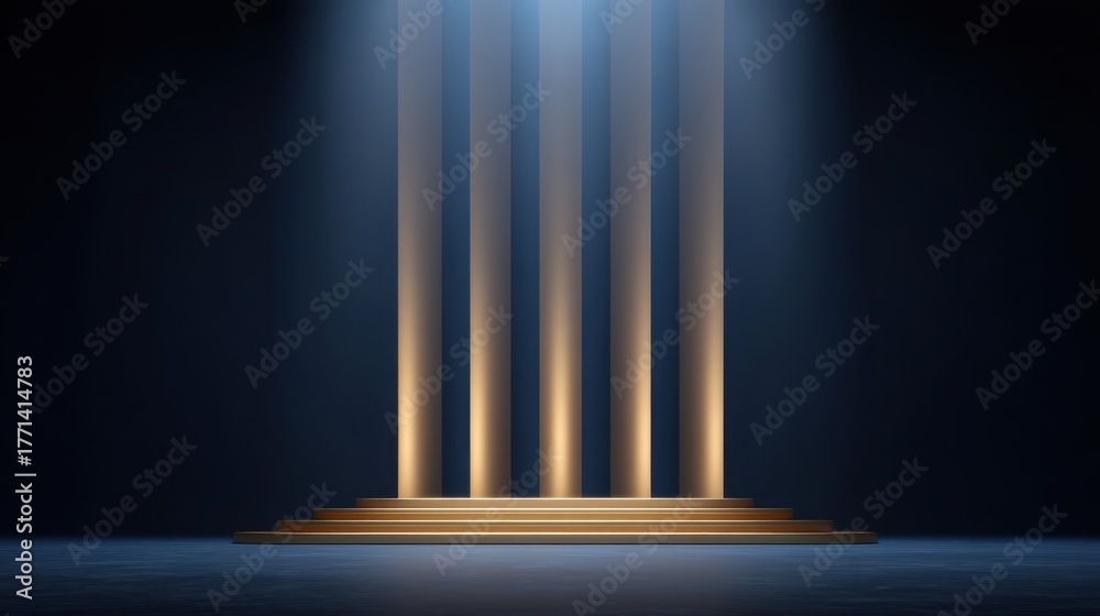 Obraz premium Dramatic Stage Lighting with Illuminated Blue and Gold Columns and Soft Background for Event Performances and Presentations