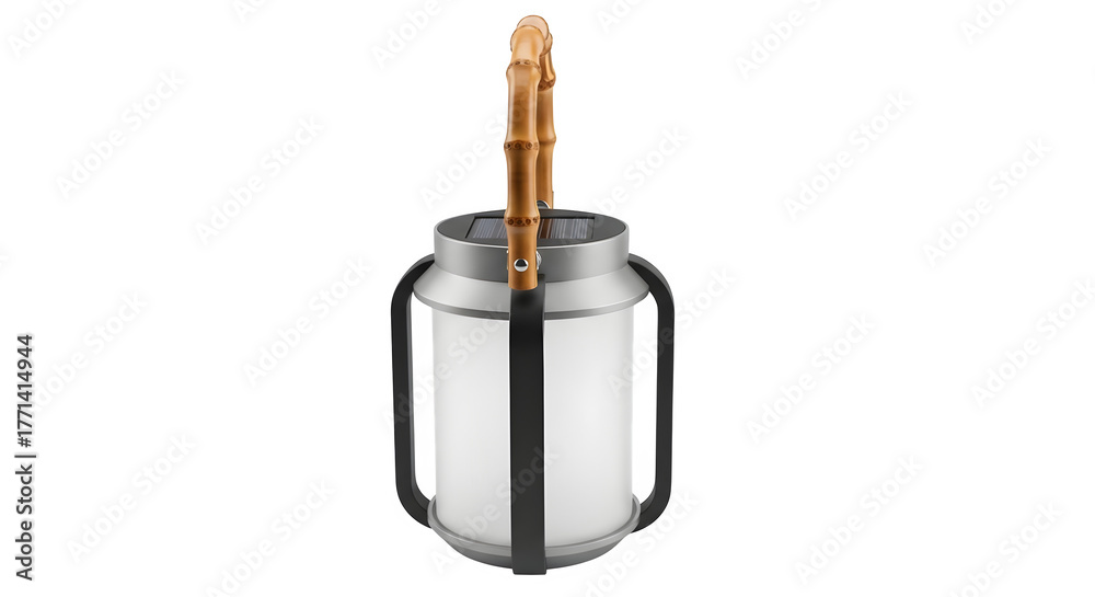 Obraz premium Studio shot shows gray solar lantern with bamboo handle. Product photography for retail, branding, posters, marketing.