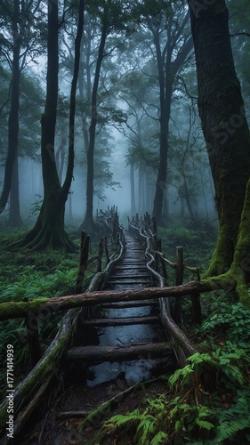 A mysterious forest at dusk, shrouded in mist