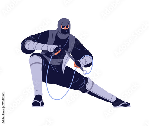 Japanese warrior sits with kusarigama. Samurai holds weapon, blade. Ninja attacks with sickle on chain. Shinobi, Asian fighter in mask practices fight. Flat isolated vector illustration on white