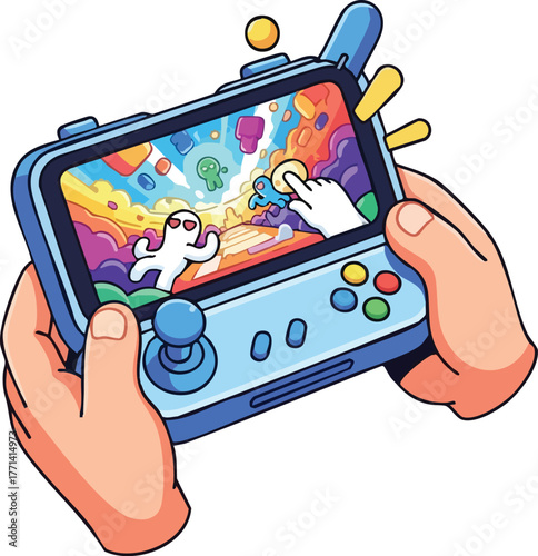 Pixel Art Style Retro Handheld Gaming Device With Colorful Screen Displaying A Vibrant Abstract Game Scene
