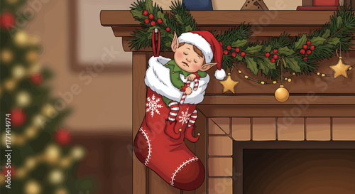 An elf sleeps inside a Christmas stocking hung on a decorated fireplace mantle with a Christmas tree in the background.