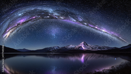 Cosmic Nightscape: Mountain Peaks & Milky Way Reflected on Lake