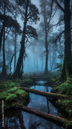 A mysterious forest at dusk, shrouded in mist