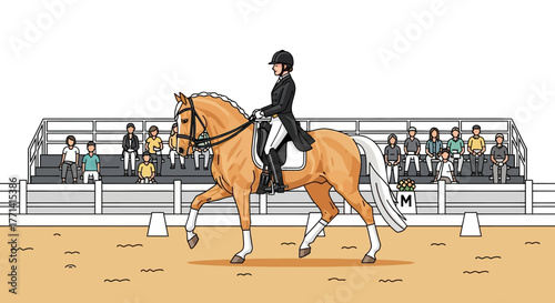 Equestrian dressage competition with a rider on a golden horse performing in front of spectators