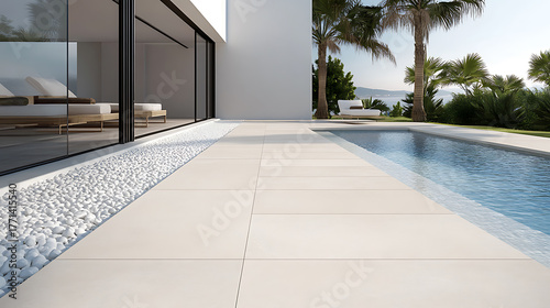 Fototapeta Naklejka Na Ścianę i Meble -  A modern outdoor space featuring a seamless blend of architectural design and natural elements, with a sleek pool, neutral paving, and tropical plants in a serene setting.