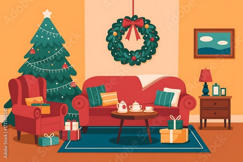 Wallpaper Mural A cozy living room is decorated for Christmas with a tree, wreath, and gifts, evoking warmth and holiday spirit. Torontodigital.ca