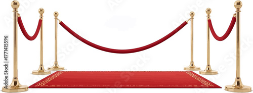 A red carpet with golden stanchions and velvet ropes creates a barrier for an exclusive event or VIP entrance with elegance.