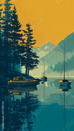 Mountain Lake with Boats at Sunrise