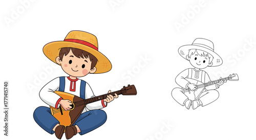 Cute cartoon boy in a straw hat and traditional folk attire, happily playing a balalaika instrument while sitting cross-legged, illustration for kids.