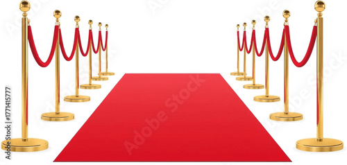 A red carpet with golden stanchions and velvet ropes signifies an exclusive event, ceremony, or awards show, creating a sense of anticipation.