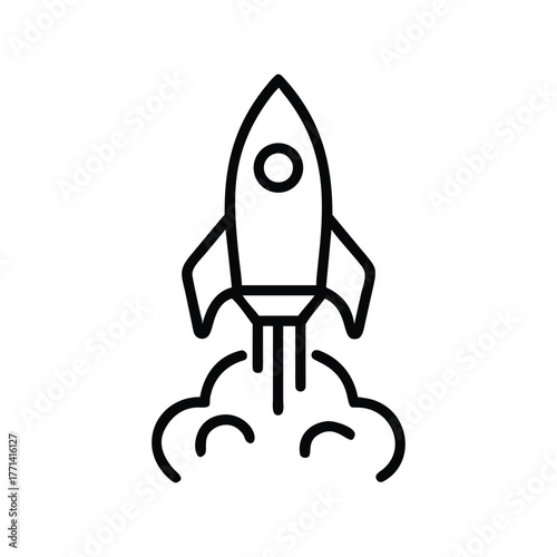 Sleek line drawing icon of a rocket launching with smoke trail detailed graphics