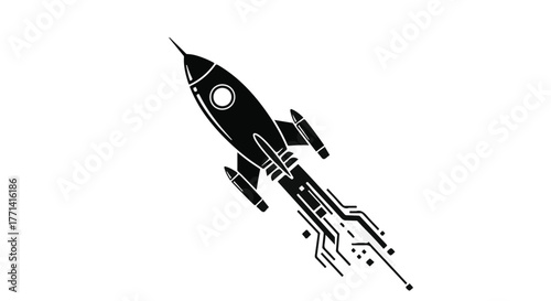 Fototapeta Naklejka Na Ścianę i Meble -  Sleek black rocket ship with integrated circuit design blasting off on white background