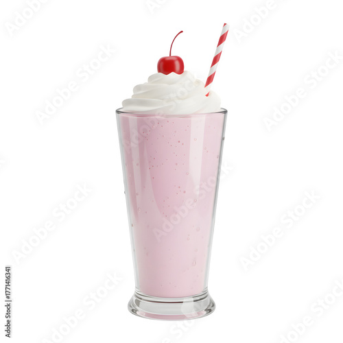 Classic pink strawberry milkshake topped with whipped cream and cherry