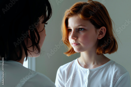 Preteen girl with short red hair standing indoors facing another , maintaining serious facial expression, both wearing plain tops, natural light illuminating faces