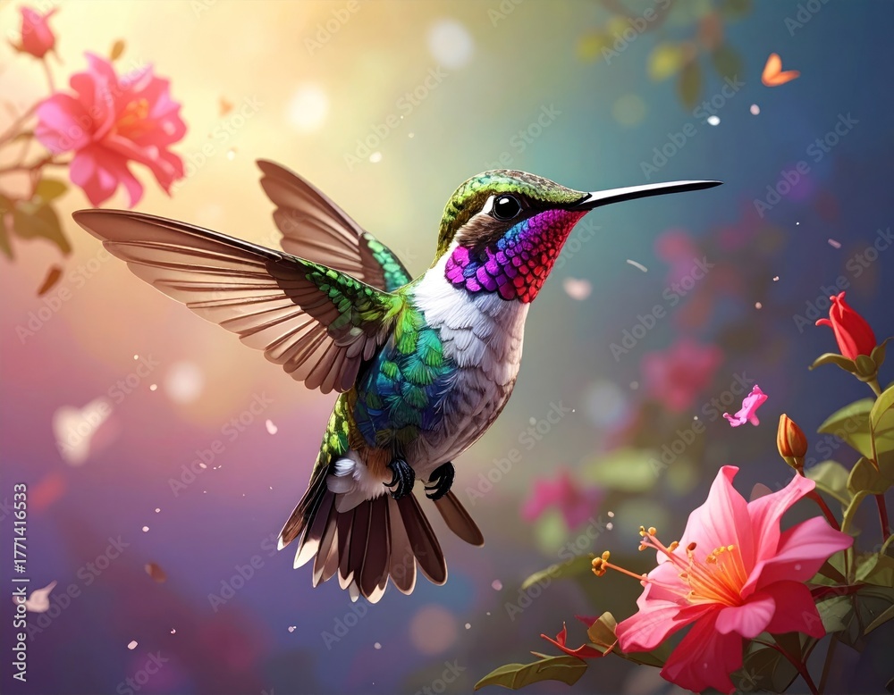 Fototapeta premium A hummingbird in flight near flowering blooms. Vibrant colors and soft lighting