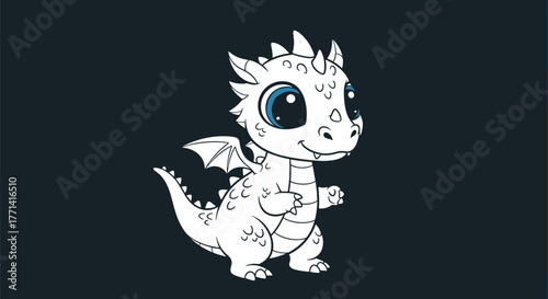 A cheerful, hand-drawn illustration of a cute white baby dragon with big blue eyes and small wings, standing happily on a dark background.
