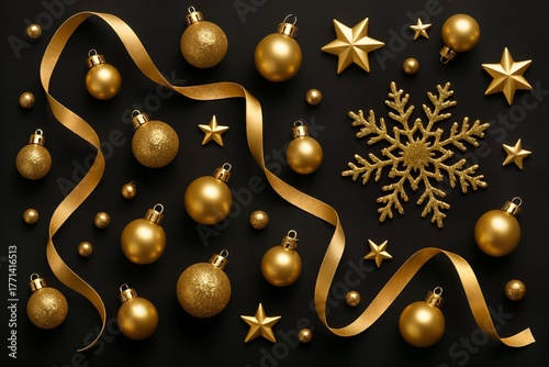 Luxury flat lay of golden Christmas ornaments, stars, and ribbon on black background, elegant festive composition in black and gold tones