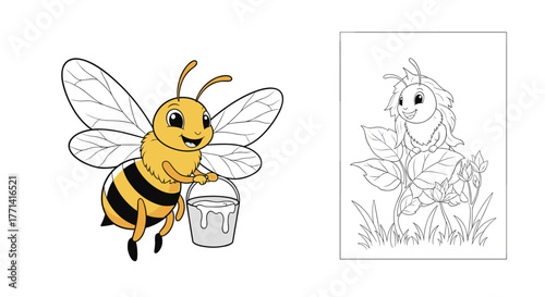 A cheerful cartoon bee diligently carries a bucket of sweet honey alongside a charming, smiling caterpillar in a delightful coloring page.
