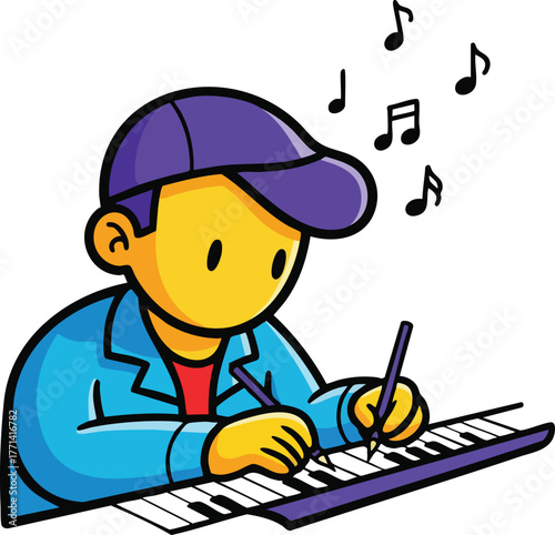 Young Person Wearing Blue Jacket and Purple Cap Composing Music on a Keyboard with Musical Notes Floating Above