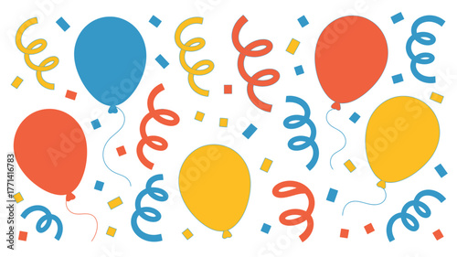 A celebratory image featuring balloons confetti and streamers on a plain white background design element